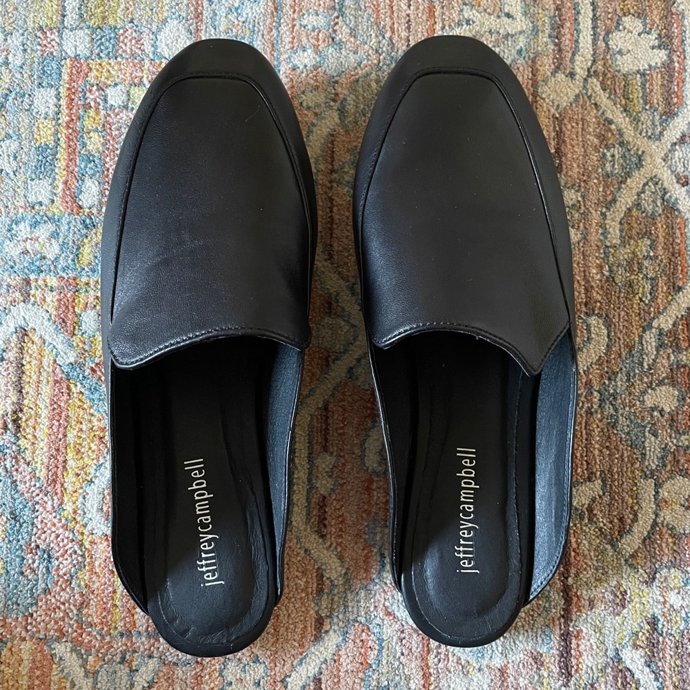 Jeffrey Campbell Black Leather Loafers Mules